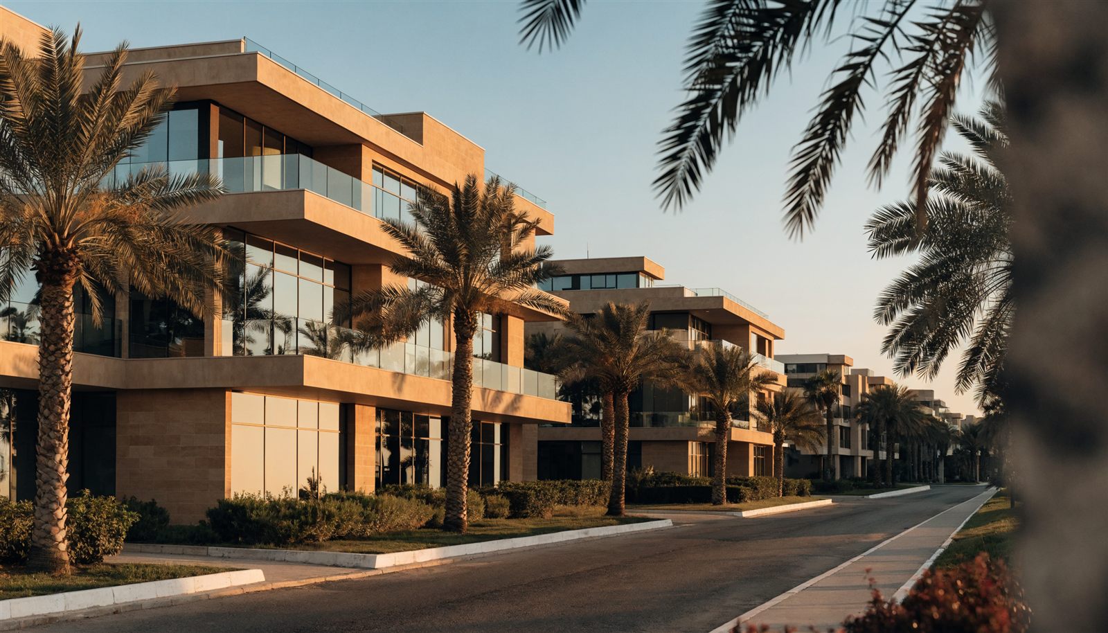 A quiet Dubai residential street at golden hour